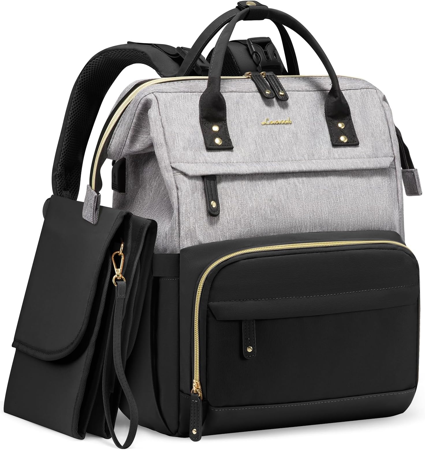 LOVEVOOK Diaper Bag Backpack, Baby Bag with Changing Station, Large Diaper Backpack for Mom Dads, Waterproof Leather Mommy Bag for Boy and Girl, Travel Essential Baby Shower, Black-Grey