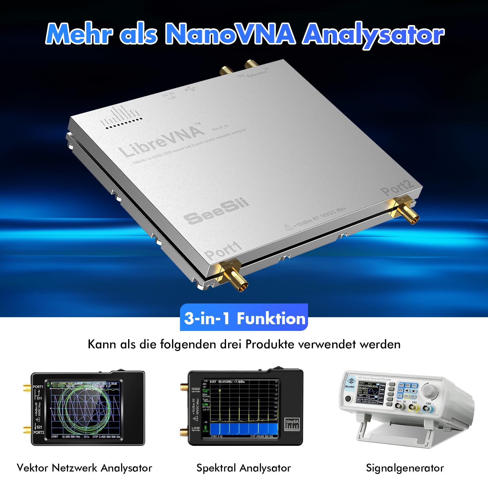 Seesii LibreVNA 2,0 Vektor Netzwerk Analysator, 2025 Aufgerüsteter NanoVNA Antennenanalysator 100 kHz - 6GHz mit Externem Referenz Eingang und Ausgang für Vollständige S Parameter