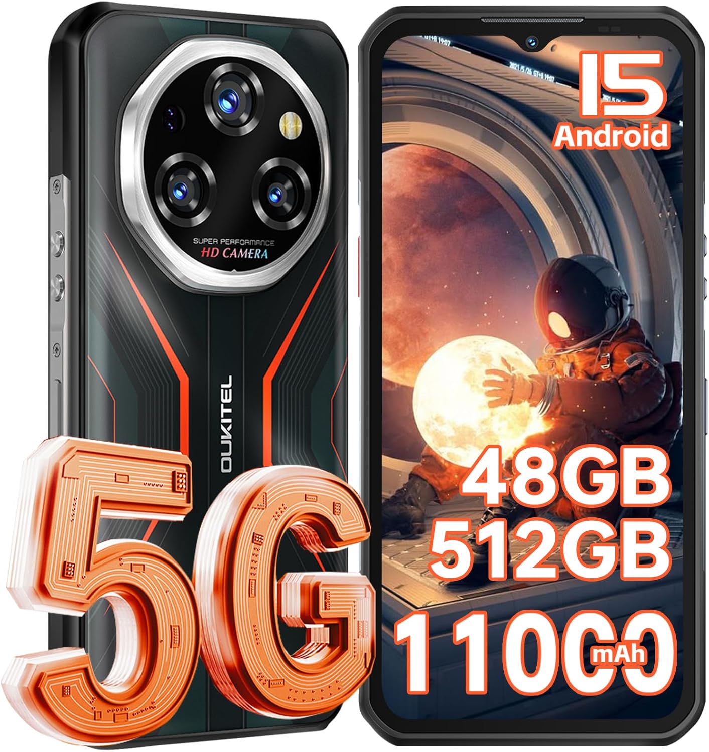 OUKITEL WP55 Pro 5G Rugged Smartphone Unlocked Android 15, 48GB+512GB/TF 2TB CellPhones, 11000mAh(33W) Battery, 6.6″ FHD+120HZ Display, 108MP Camera, 5G Dual SIM Phone, NFC/GPS/OTG/IP68/IP69K,T-Mobile