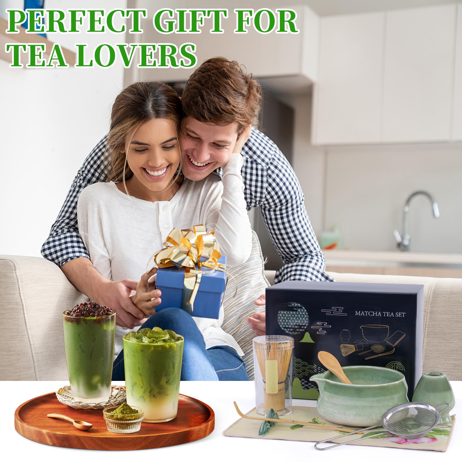 Matcha zestaw 8 sztuk herbaty matcha do przygotowywania kawy z mlekiem | Zestaw miotły do matchy, miska do matchy z dzióbkiem, zestaw trzepaczek do matchy i miska z łyżką i sitkiem, kolor zielony
