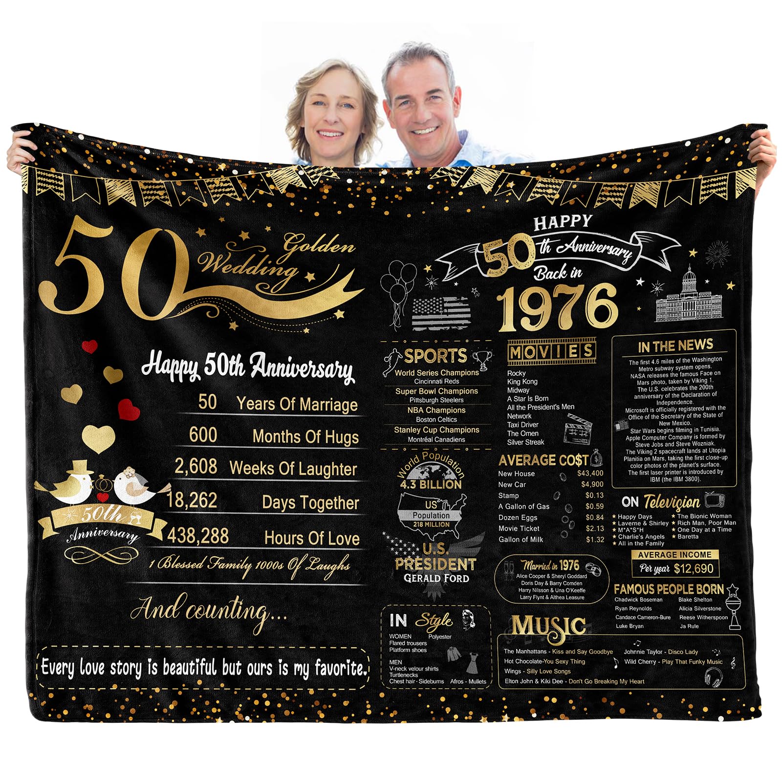 elseven 50th Anniversary Wedding Gift 50th Wedding for Her 50 Year Anniversary for Couples Wife Husband Best Anniversary Blanket Present Throw Blanket 50x60 Inch, Golden