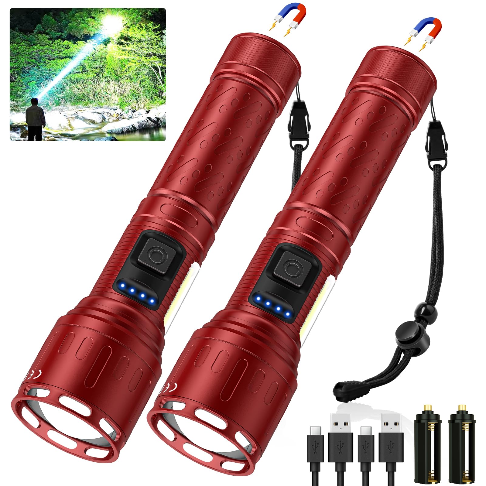 Rechargeable Magnetic Flashlights 100,000 High Lumens, Super Bright LED Powerful Flashlight 8 Modes with COB Work Light, Waterproof Handheld Flash Light for Camping (2 Pack with Paper Box, Red)