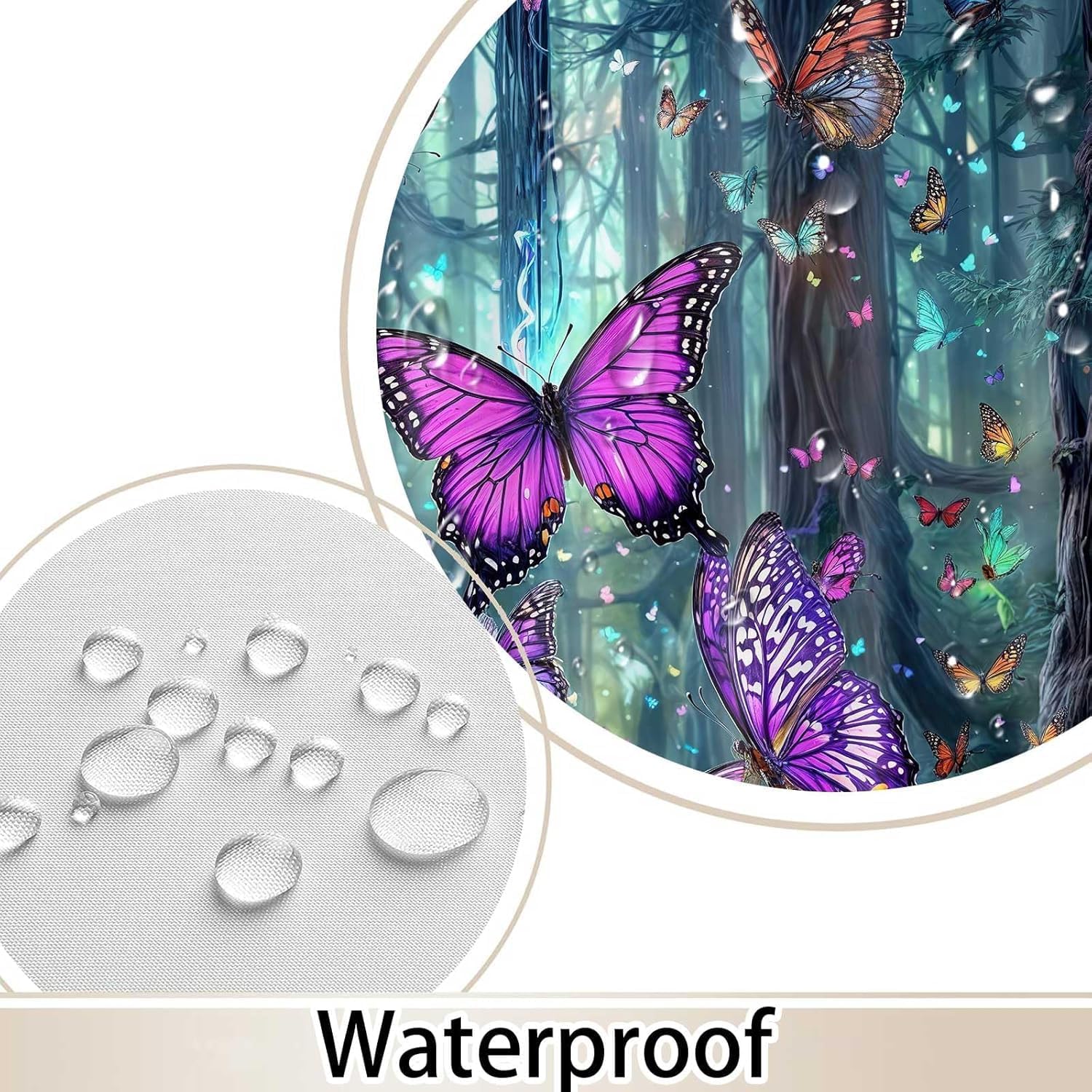 Enchanted Forest Purple Butterfly 78in Shower Curtain, Waterproof Fabric Bathroom Curtain with Hooks, Magical Woodland Nature Decor for Bathtub