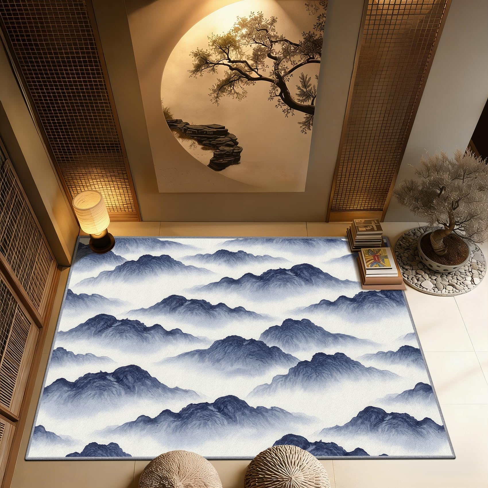 Tapis montagne 120x140cm paysage bleu et blanc lavable pour salon