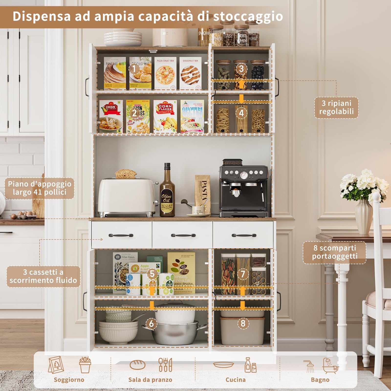 FUSOU Armadio da cucina con ciabatta multipresa, 180 cm, con piano di lavoro, 3 cassetti e 4 ante, armadietto alto da cucina in stile rustico, autoportante, per sala da pranzo, bianco
