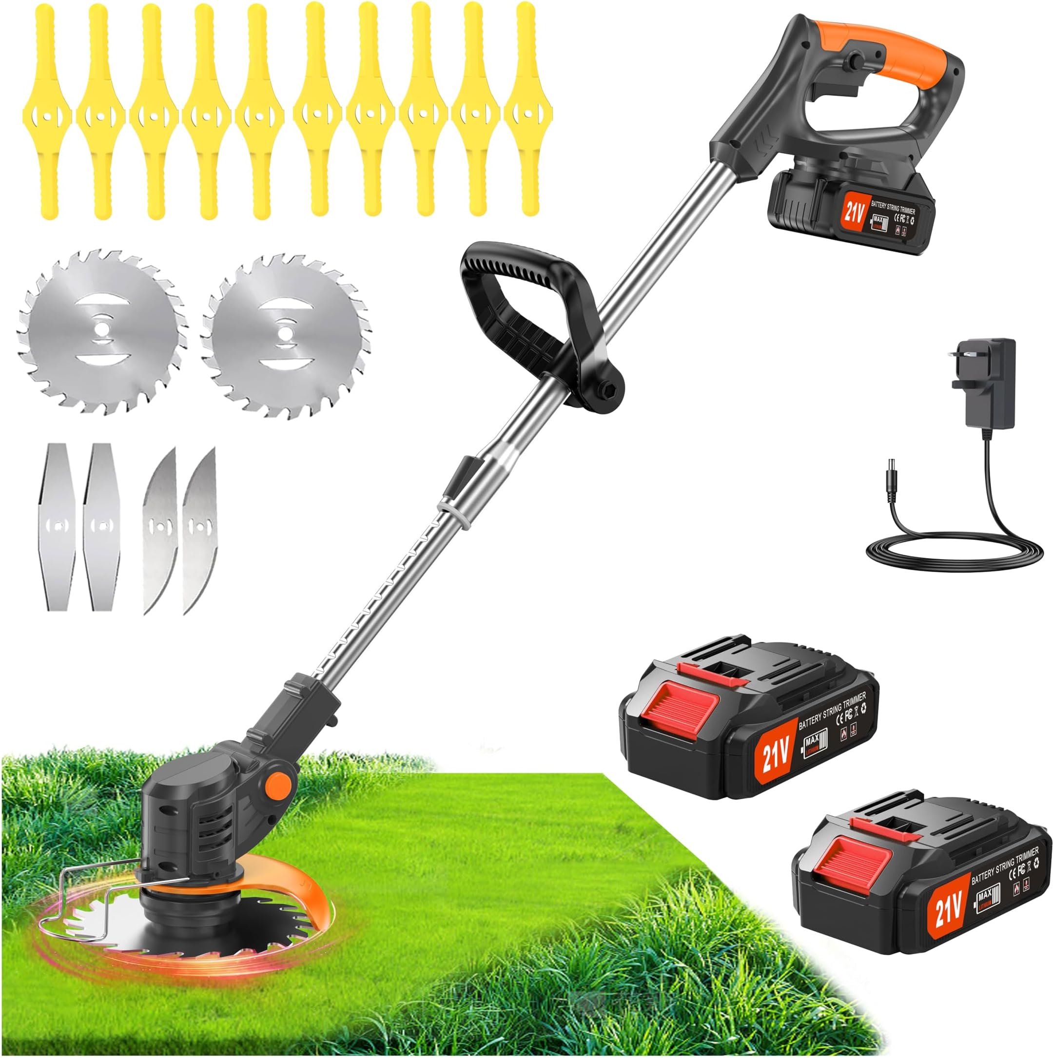 Metal Blade Cordless Strimmer 21v Grass Trimmers 27 Blades 15cm Cutting Diameter Cordless Strimmer Retractable Handle For Lawn Garden