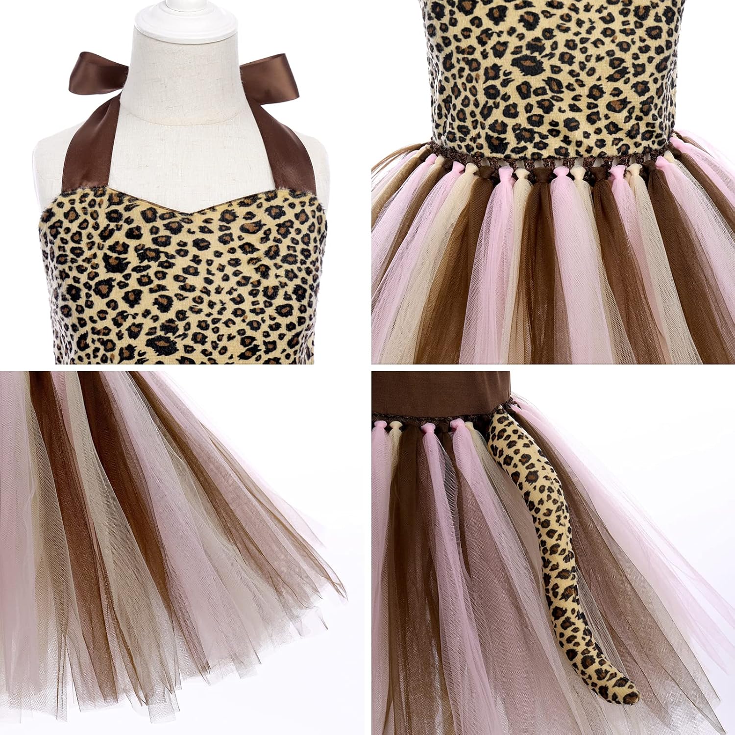 Girls Jungle Themed Dress Animal Tutu Dress Christmas Birthday Party Outfit 3pcs with Ears Headband Tail Accessories Baby Girl Brown Leopard 1-2 Years - Image 4