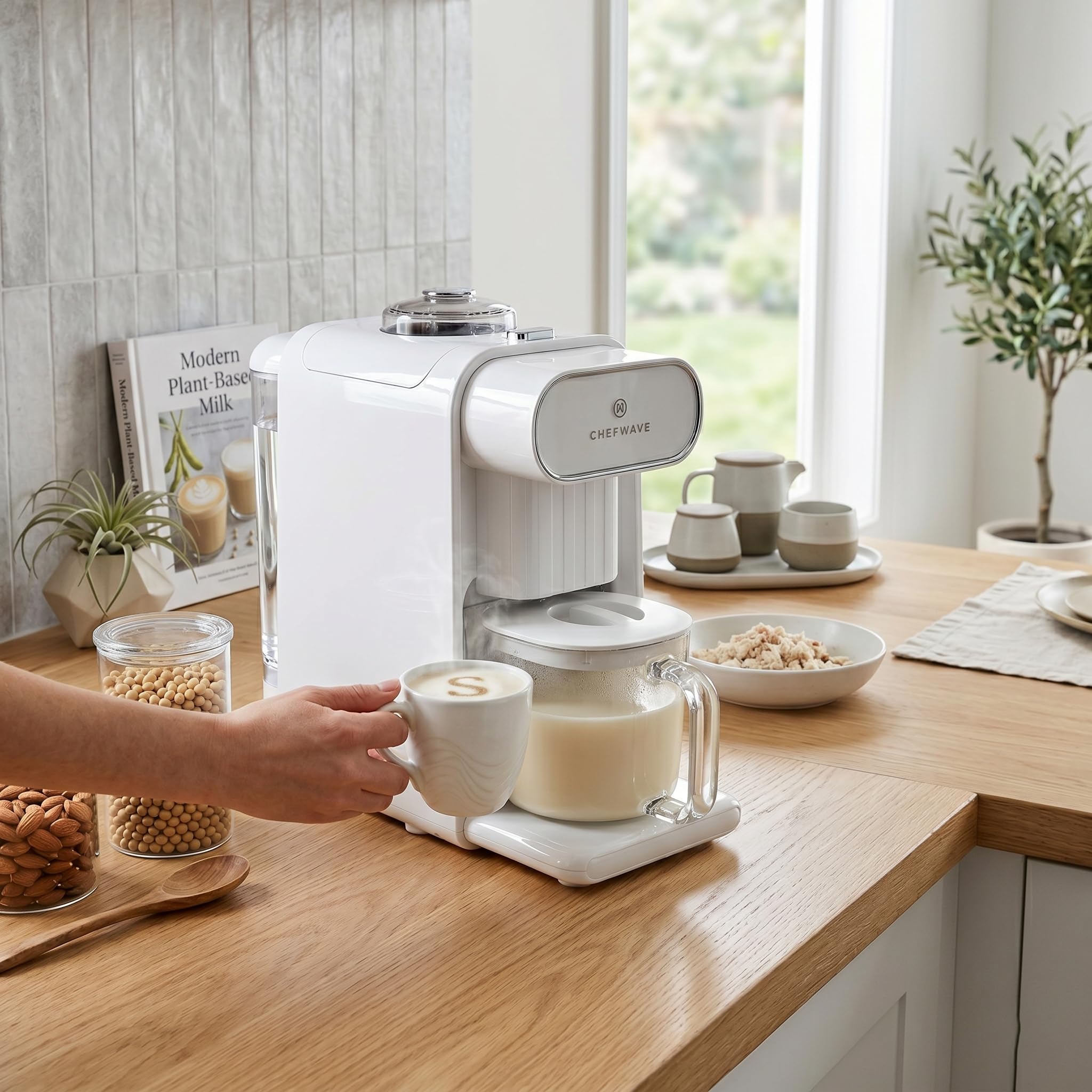 ChefWave Milchmade Dairy Alternative Vegan Nussmilchmacher Maschine Milchmaschine Mandelmilch Sojamilch Hafermilch Cashewmilch Kokosmilch Macadamia Milch, Verzögerungsstart, Rezeptbuch