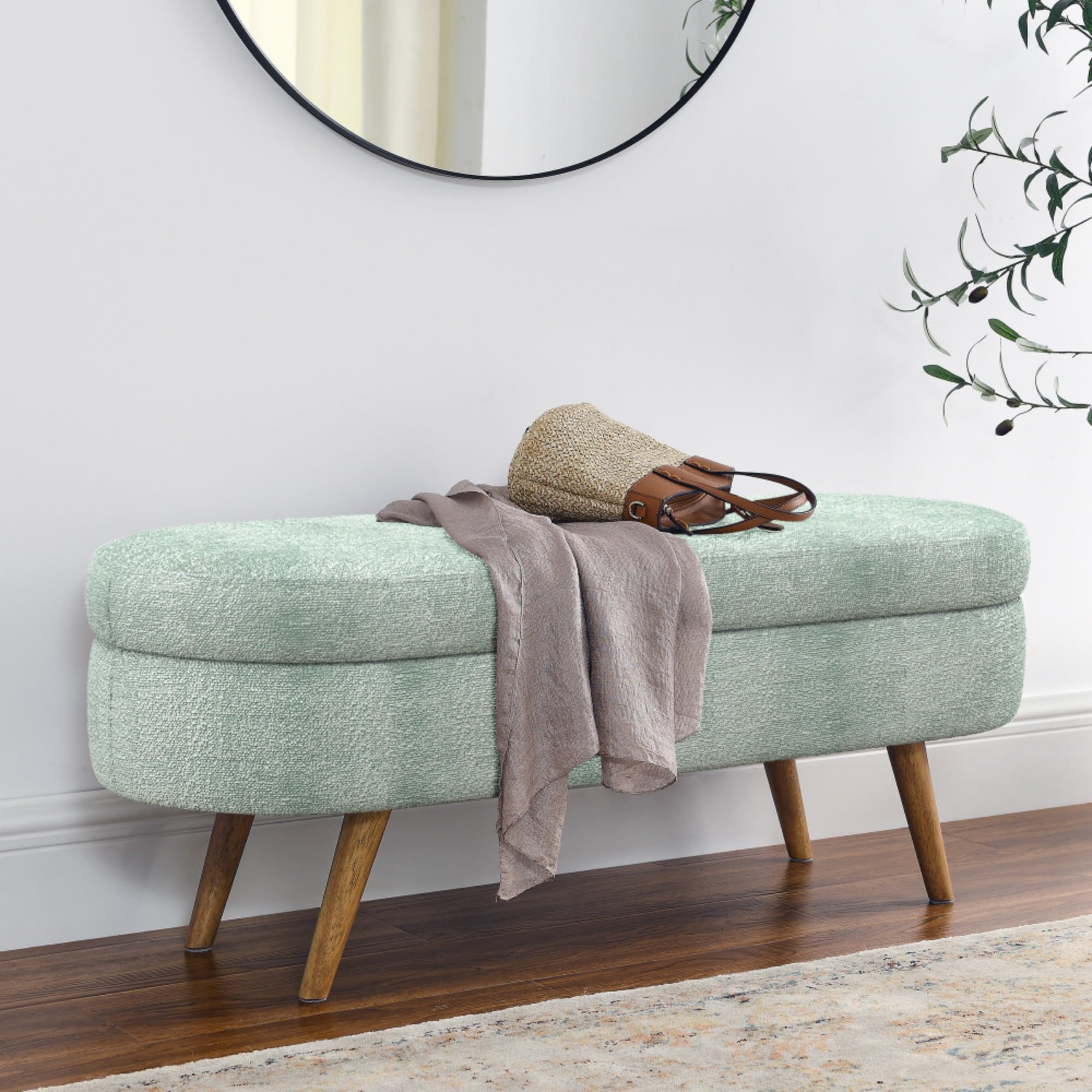 Oval Storage Ottoman Bench with Hidden Storage and Foam Padded Seat, Upholstered Entryway Footstool with Rubber Wood Legs, Decorative Bedroom End of Bed Accent Furniture for Living Room (Cyan)