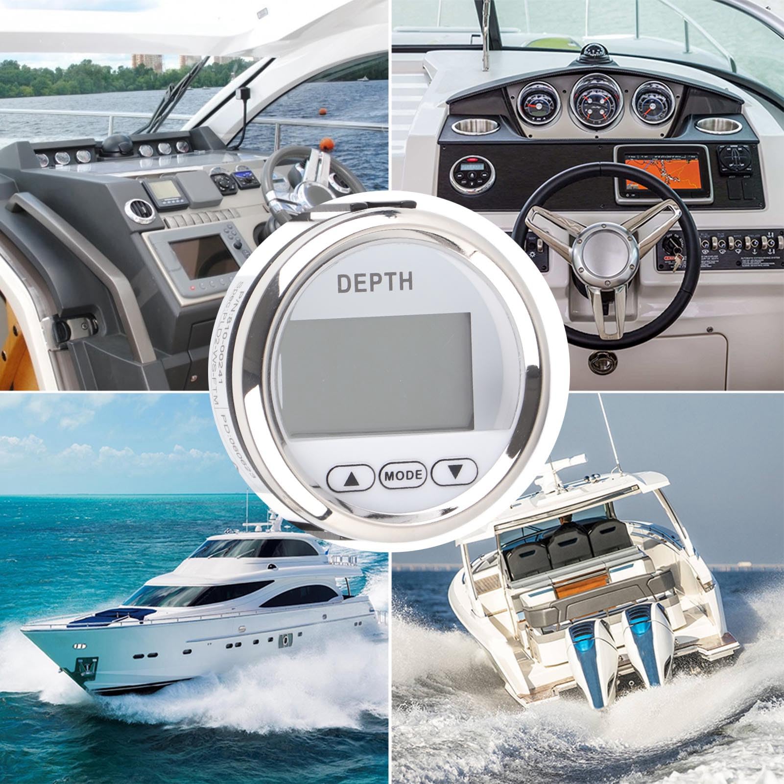 Ecoscandaglio Profondimetro per Barche con Trasduttore Campo di Misurazione 100M Display Multi Unità SH DP KL UN per Yacht Barche Pescherecci Cornice Argento Quadrante Bianco