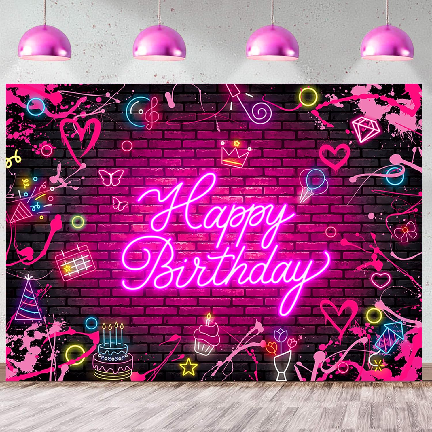 Neon Glow Birthday Backdrop Colorful Graffiti Splash Paint Hot Pink Let's Glow Party Background for Kids Girls Women Sweet 16 Cake Table Decorations Banner Supplies (8X6FT)