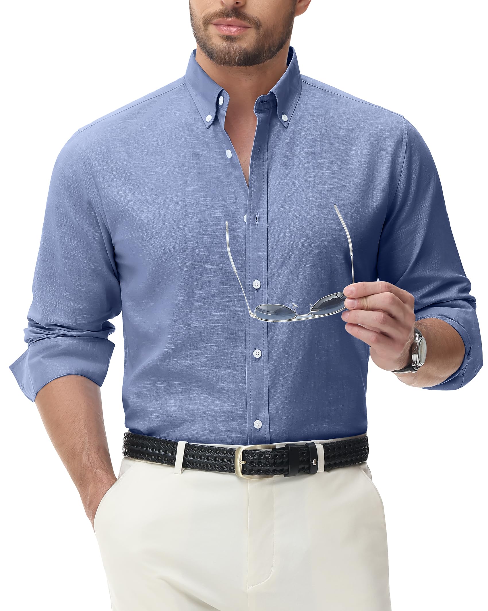 J.VERMen's Linen Shirt Casual Lightweight Long Sleeve Solid Button Down Collar Shirts Beach Tops for Holiday Work