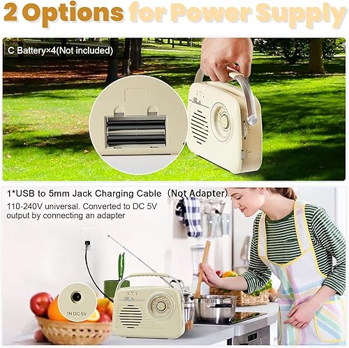 Miniatura 7 de Radios portátiles AM FM, funciona con pilas y enchufe de pared para el hogar, al aire librecocina, radio retro vintage con Bluetooth, esfera grande,