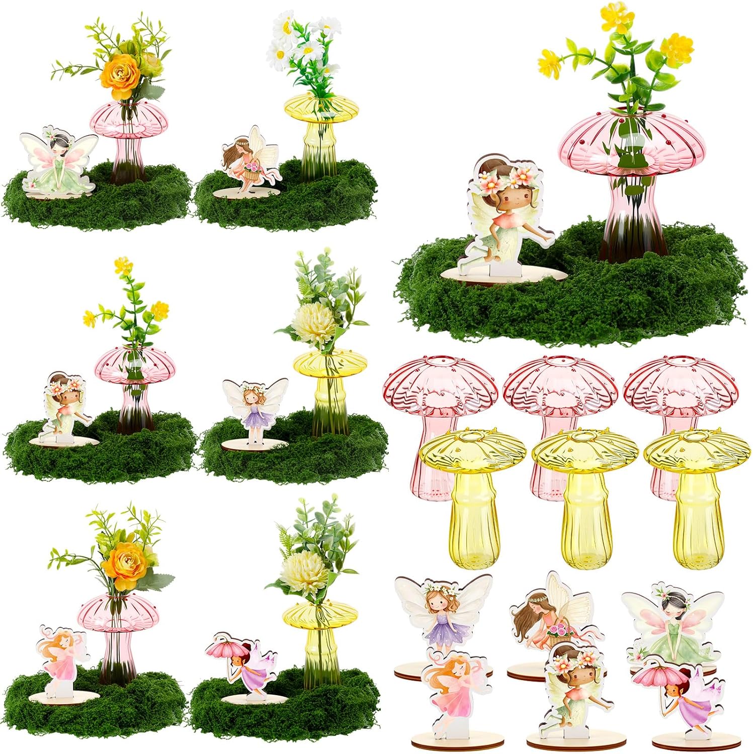 13 Pcs Fairy Party Decoration Woodland Fairy Table Centerpiece with Mushroom Vase Artificial Green Moss for Forest Party Decor Flower First Birthday Wedding Forest Baby Shower