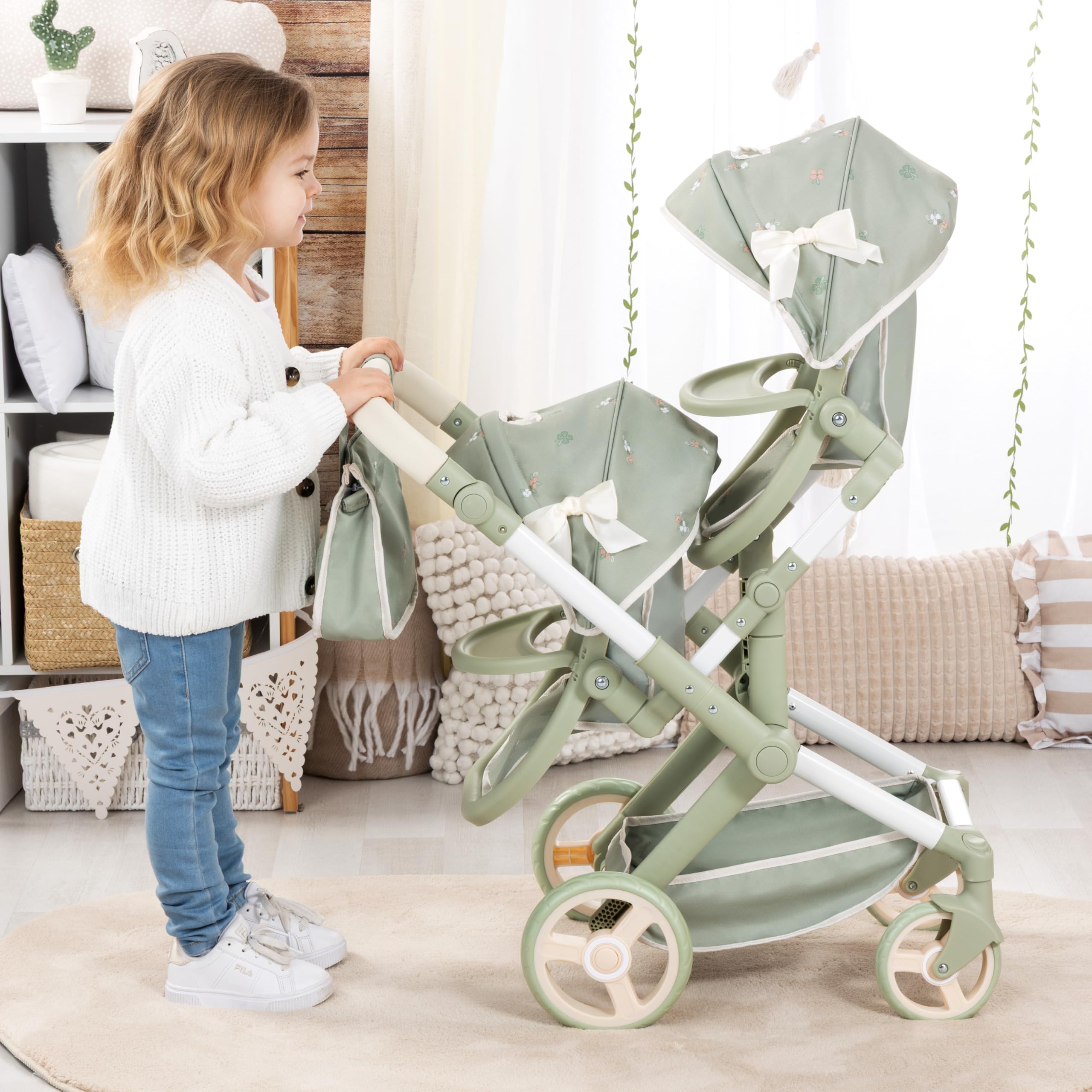 Bayer Design Landau Jumeaux pour Poupée Twin Xeo avec Sac | poussette double, réglable en hauteur, poignée pivotante, roues avant mobiles, panier intégré, sac à bandoulière