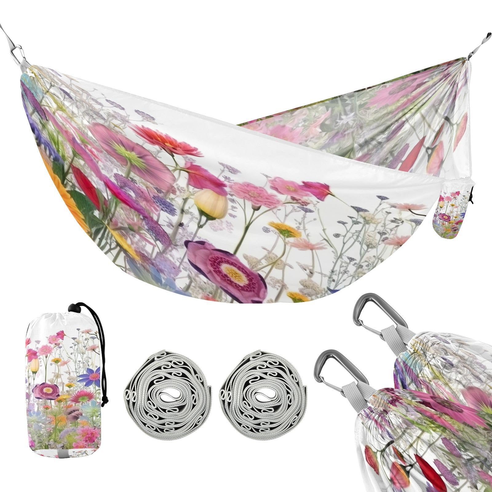 Haskirky Colorful Flowers Camping Hammock, Single Portable Hammocks with Tree Straps & Attached Carry Bag, 330Lbs Capacity Perfect for Outside Indoor Hiking Beach Backpack Travel