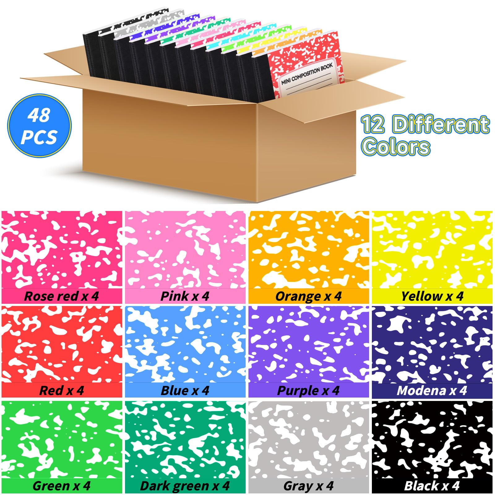 Confezione da 48 mini quaderni di composizione, graziosi libri di composizione, piccoli quaderni a righe strette per bambini, studenti, università, ufficio, diario tascabile in marmo, 12 colori 11,4 x