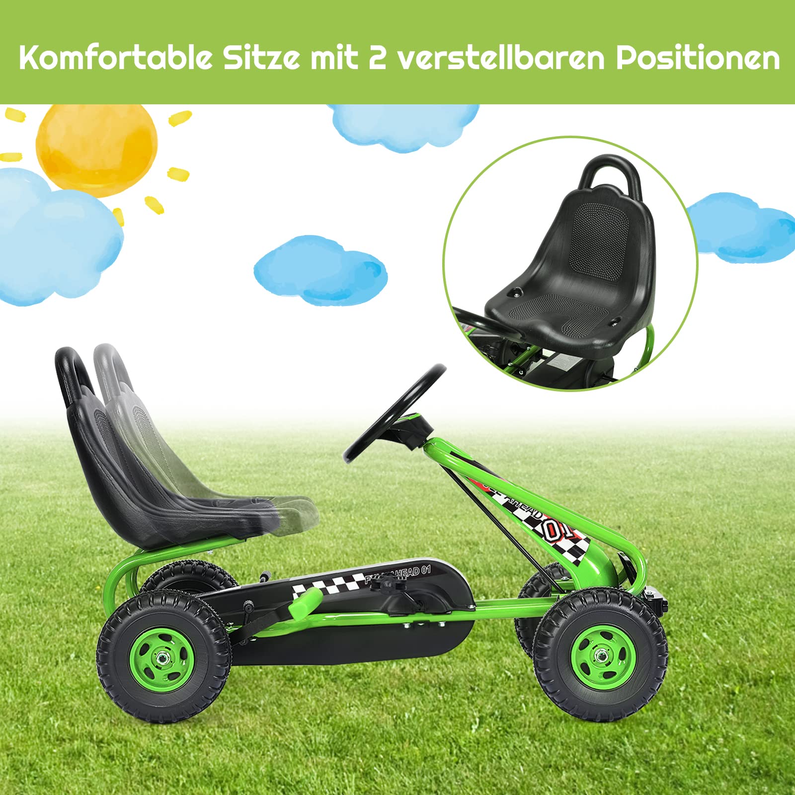 DREAMADE Gokart mit Handbremse & verstellbarem Sitz, Tretauto Tretfahrzeug mit geschlossenem Kettenkasten & Vor- und Rückwärtsgang, Pedal Go Cart für Kinder 3-6 Jahren, bis 30 kg belastbar (Grün)