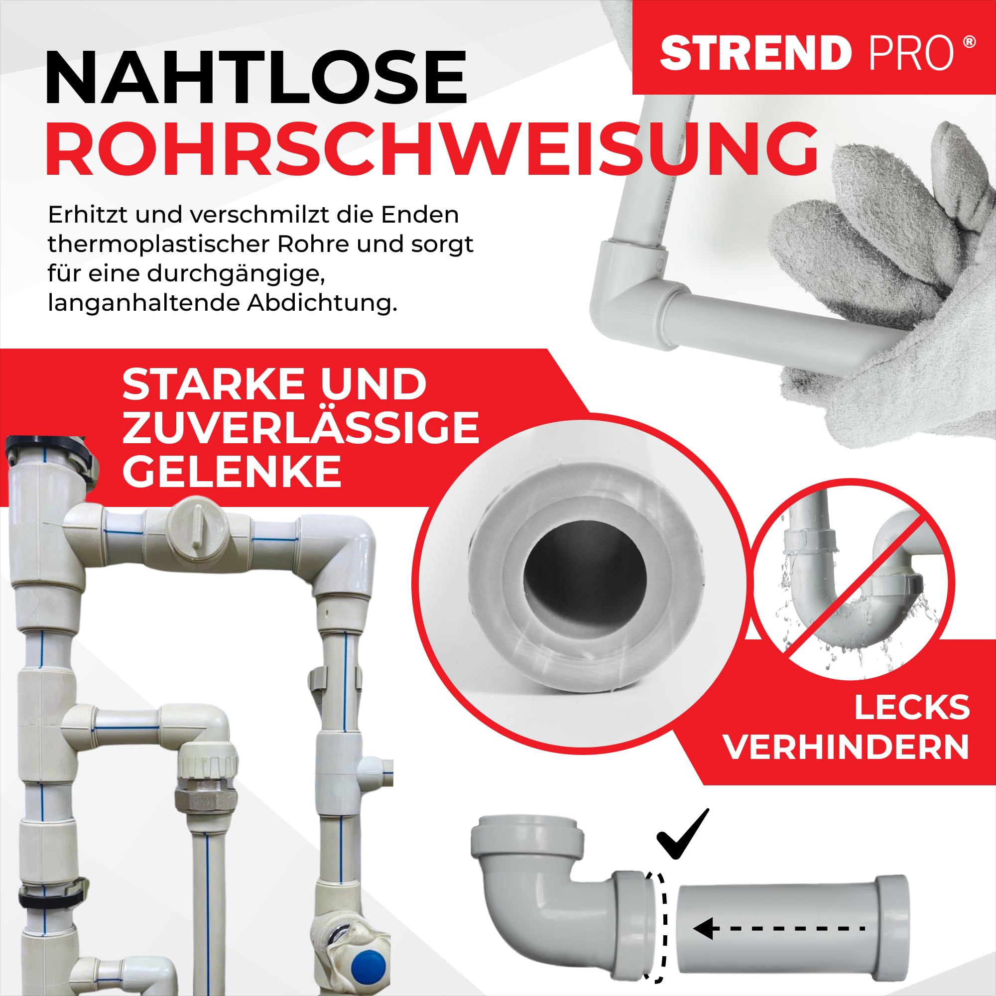 STREND PRO Muffenschweißgerät |1500W Polyfusions | Schweißgerät für Kunststoffrohre Ø20–63 mm - PPR, PE | Profi-Rohrschweißgerät mit 14-teiligem Zubehör | 0–300°C Temperaturregelung | Schweißgerät
