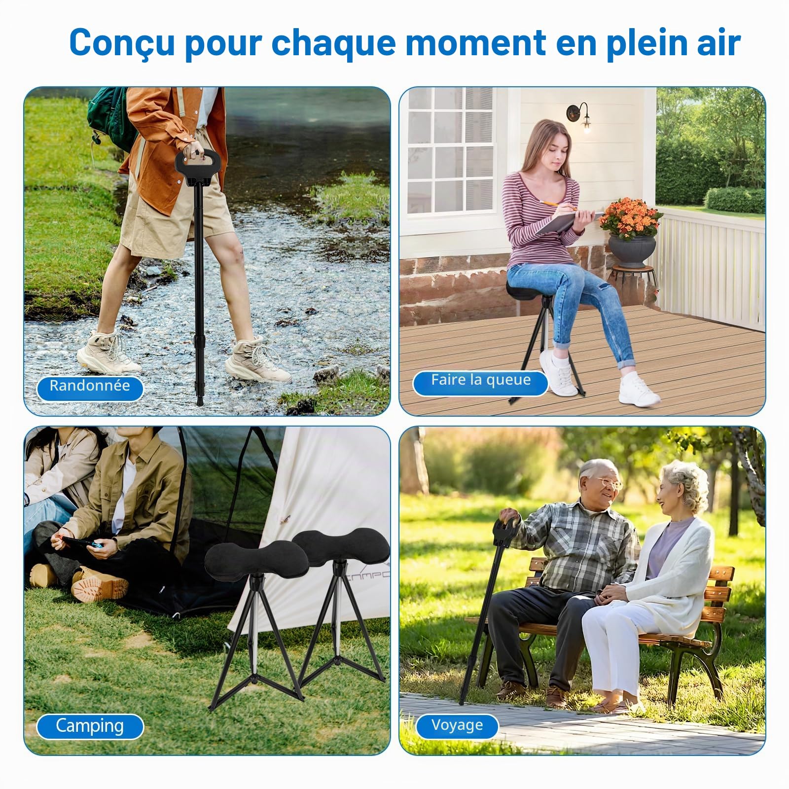 Canne Siège Pliante, Bâton de Marche avec Siège, Réglable pour Randonnée | Canne de Marche Pliable Siège Portable, Réglable 7 Niveaux (87-97,5 cm), Support 150 kg, Idéal Randonnée, Camping et Voyage
