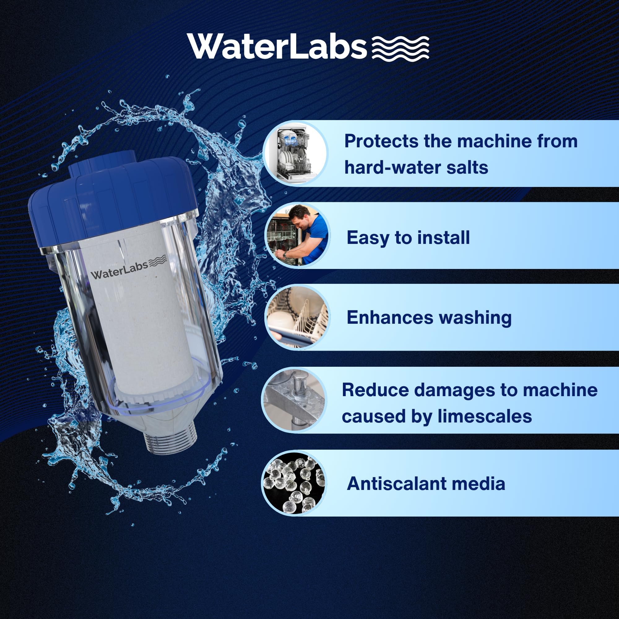 WaterLabs Dishwasher Filter for Hard Water & Sediments | Protects Dishwasher from Limescale, Rust & Dirt | Universal Inlet | Easy Installation