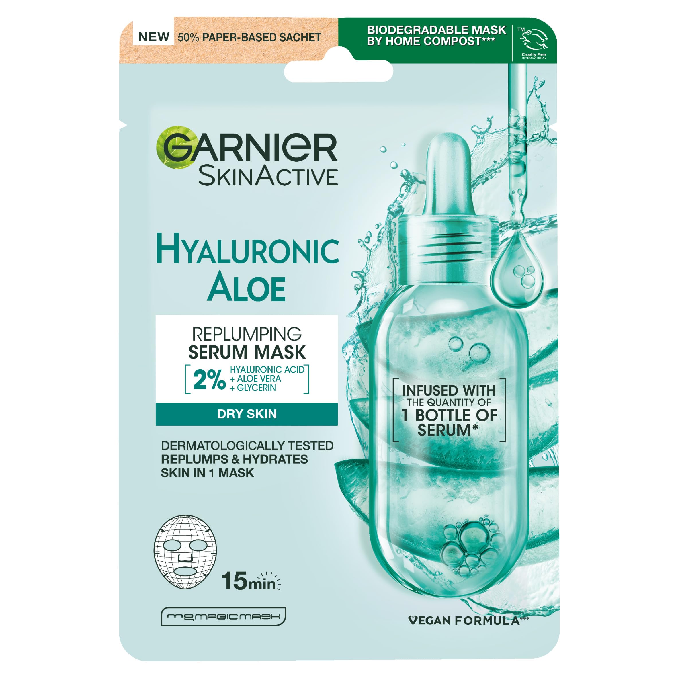 Garnier Skin Active Hydra Bomb Cloth Mask, Super Moisturising and Revitalising Formula for All Leather Types with Hyaluronic Acid and Organic Aloe Vera, 28g