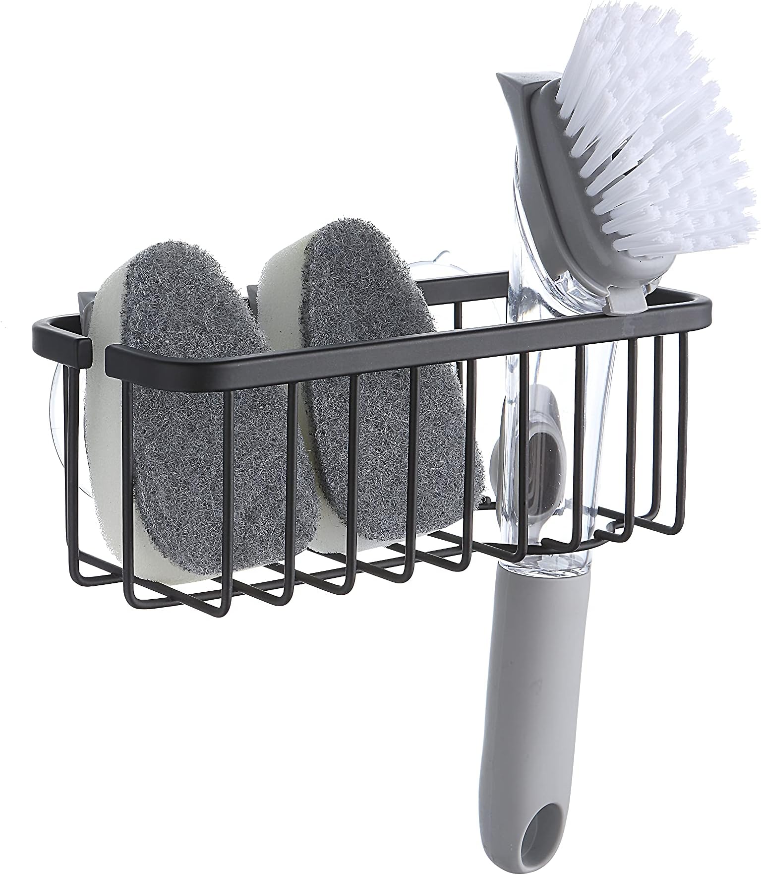 NeverRust Deluxe Kitchen & Bathroom Sink Sponge Holder Organizer with Adhesive Mount - Additional Suction Cup Included – Sponge & Brush NOT Included – 7.4 x 3.3 x 2.75 Inch, BLK