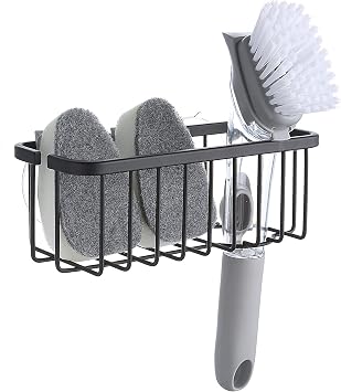 SunnyPoint NeverRust Deluxe Kitchen Sink Suction Holder for Sponges, Scrubbers, Soap, Kitchen, Bathroom, 304 Stainless Steel Mat Black, 7.4 x 3.3 x 2.75 InchSponge & Brush NOT Included