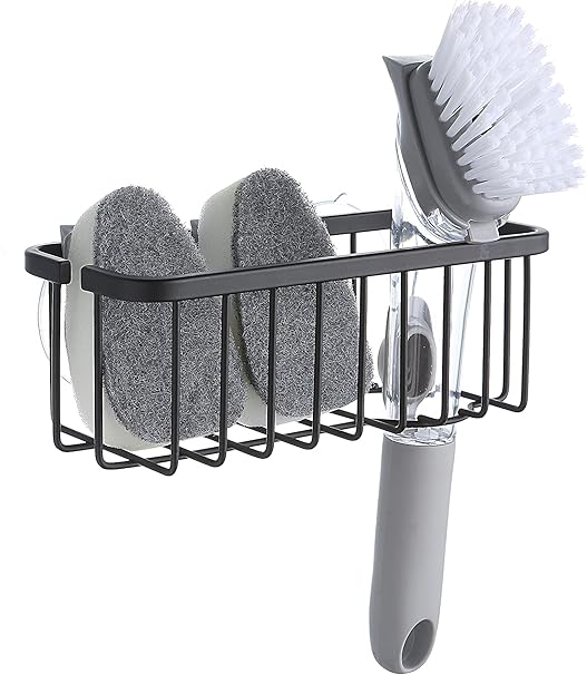 SunnyPoint NeverRust Deluxe Kitchen & Bathroom Sink Sponge Holder Organizer with Adhesive Mount - Additional Suction Cup Included – Sponge & Brush NOT Included – 7.4 x 3.3 x 2.75 Inch, BLK