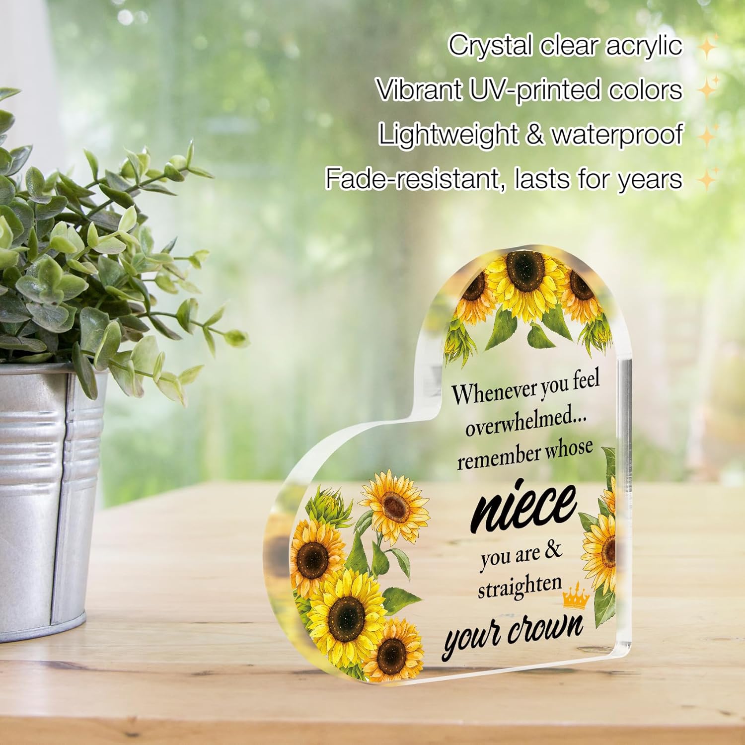Niece Gifts from Auntie Aunt Sunflower Gifts for Women Teen Girls Inspirational Gift Ideas Heart Shaped Acrylic Block Plaque Unique Niece Birthday Graduation Mothers Day Christmas Valentines Day Gift - Image 5