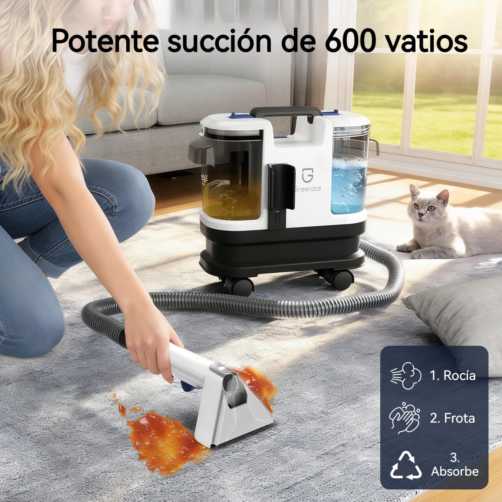 Greenote Limpiador de Alfombras 600W,4 Ruedas Giratorias para Máxima Maniobrabilidad, Almacenamiento Compacto,Autolimpieza de Manguera,Potente Aspiración,Depósitos 1,8L/0,8L, Manguera 1,5m y Cable 5m