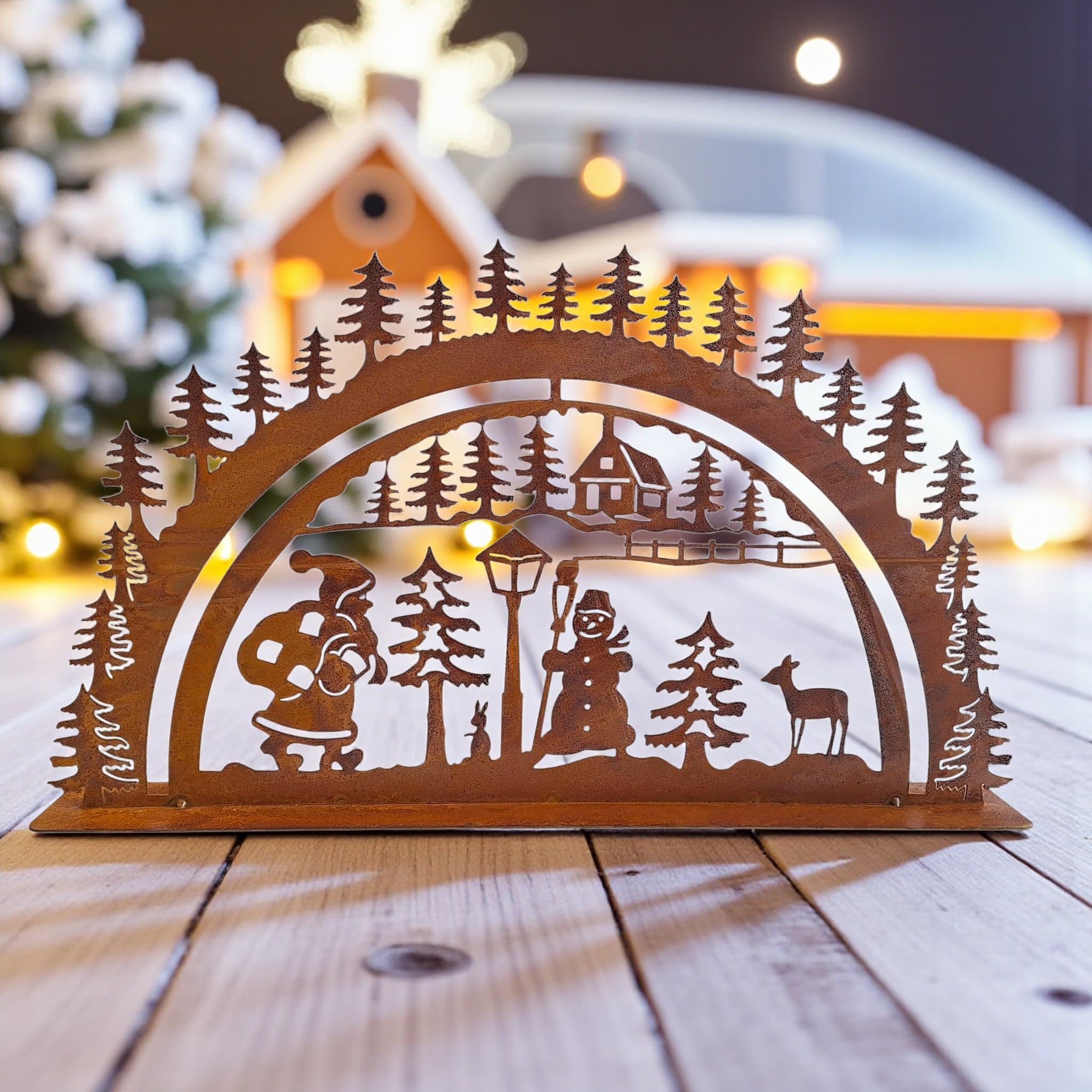 Edelrost Weihnachtliche Schwibbogen Dekoration, Winterlandschaft mit Schneemann, Metall Rostoptik, 60x35cm, Garten und Haus Weihnachtsdeko