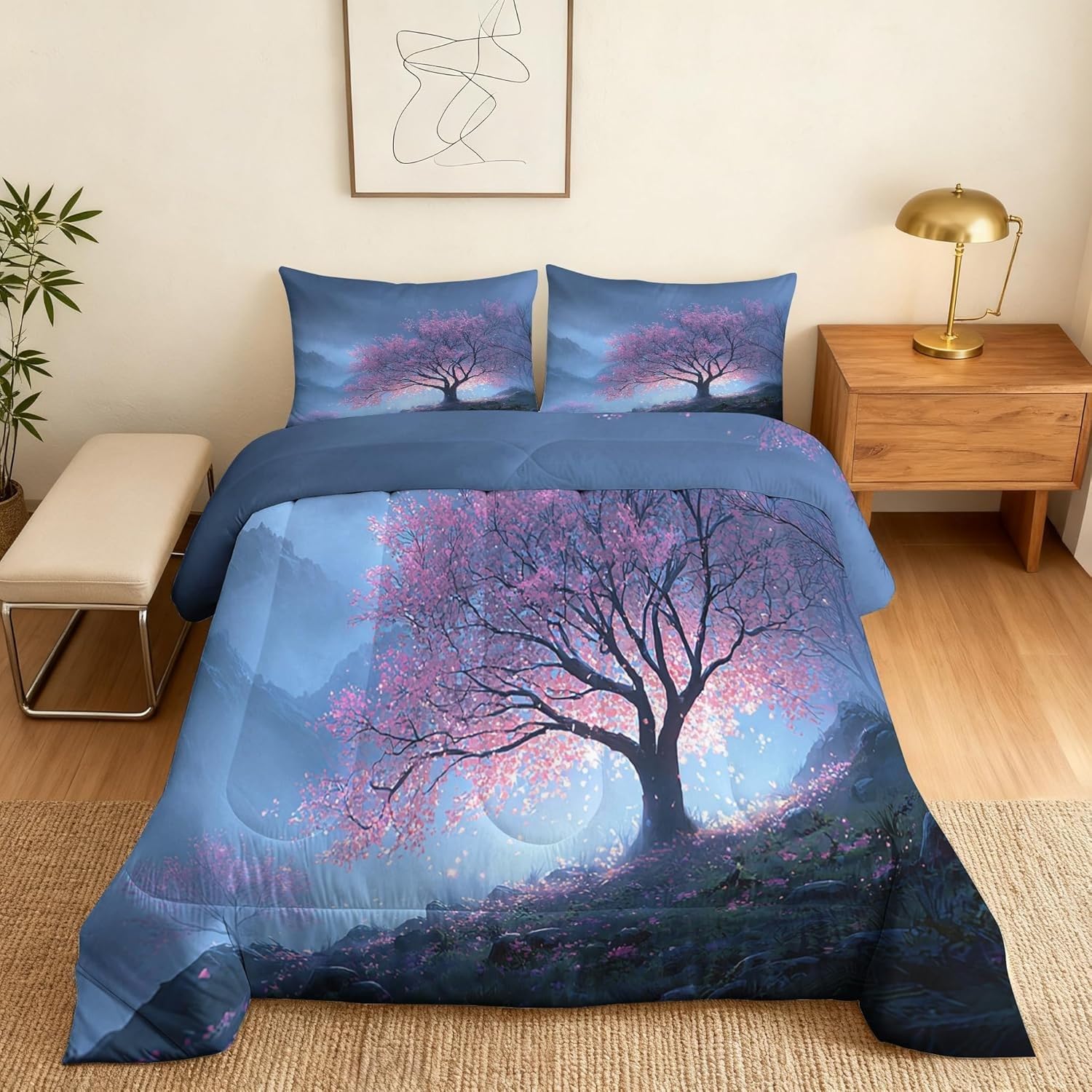 Couette 240x260 Chaude Fleurs de Cerisier pour Lit 2 Personnes avec 2 Taies