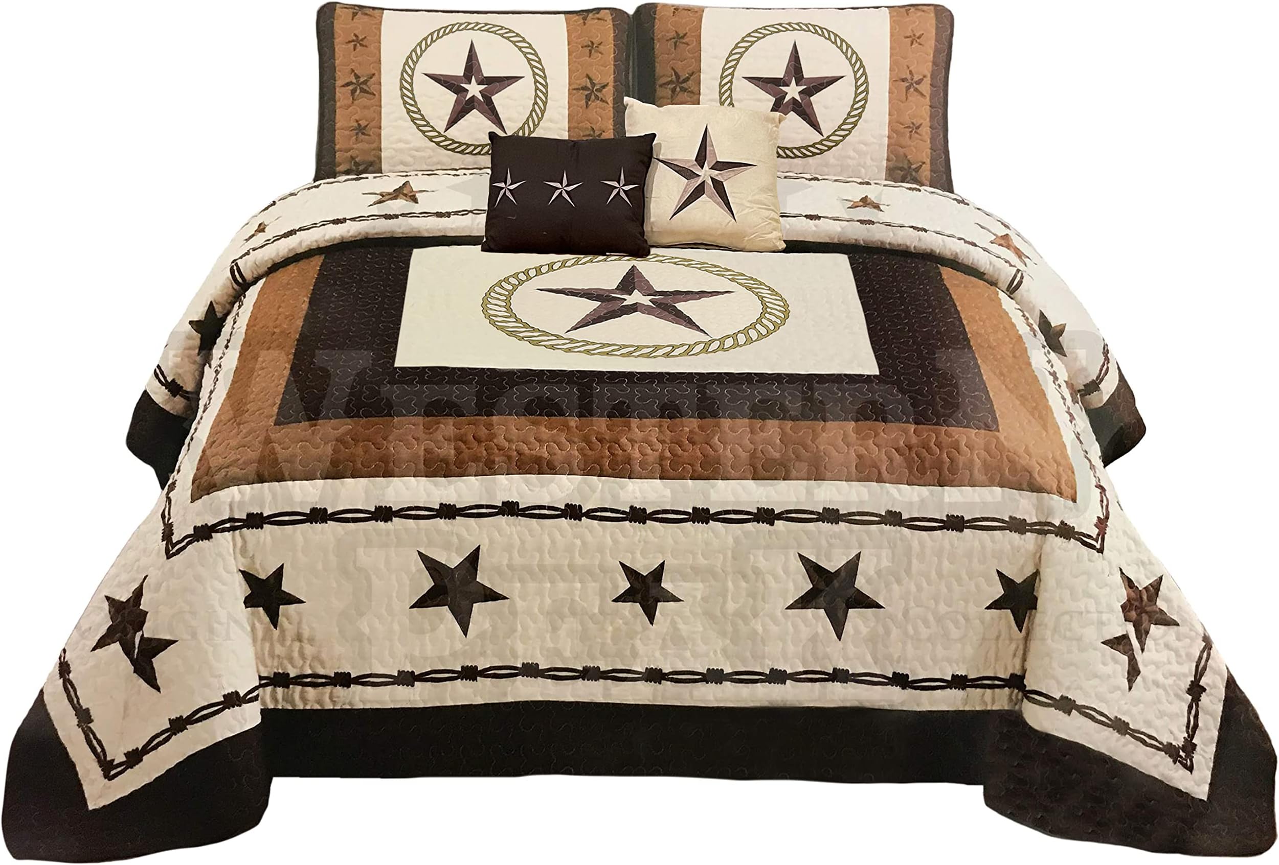 Western Peak 5 Pc Western Texas Cross Lodge Barbed Wire Quilt Bedspread Shams Pillow Oversize Comforter (Beige Star Gun, Queen)