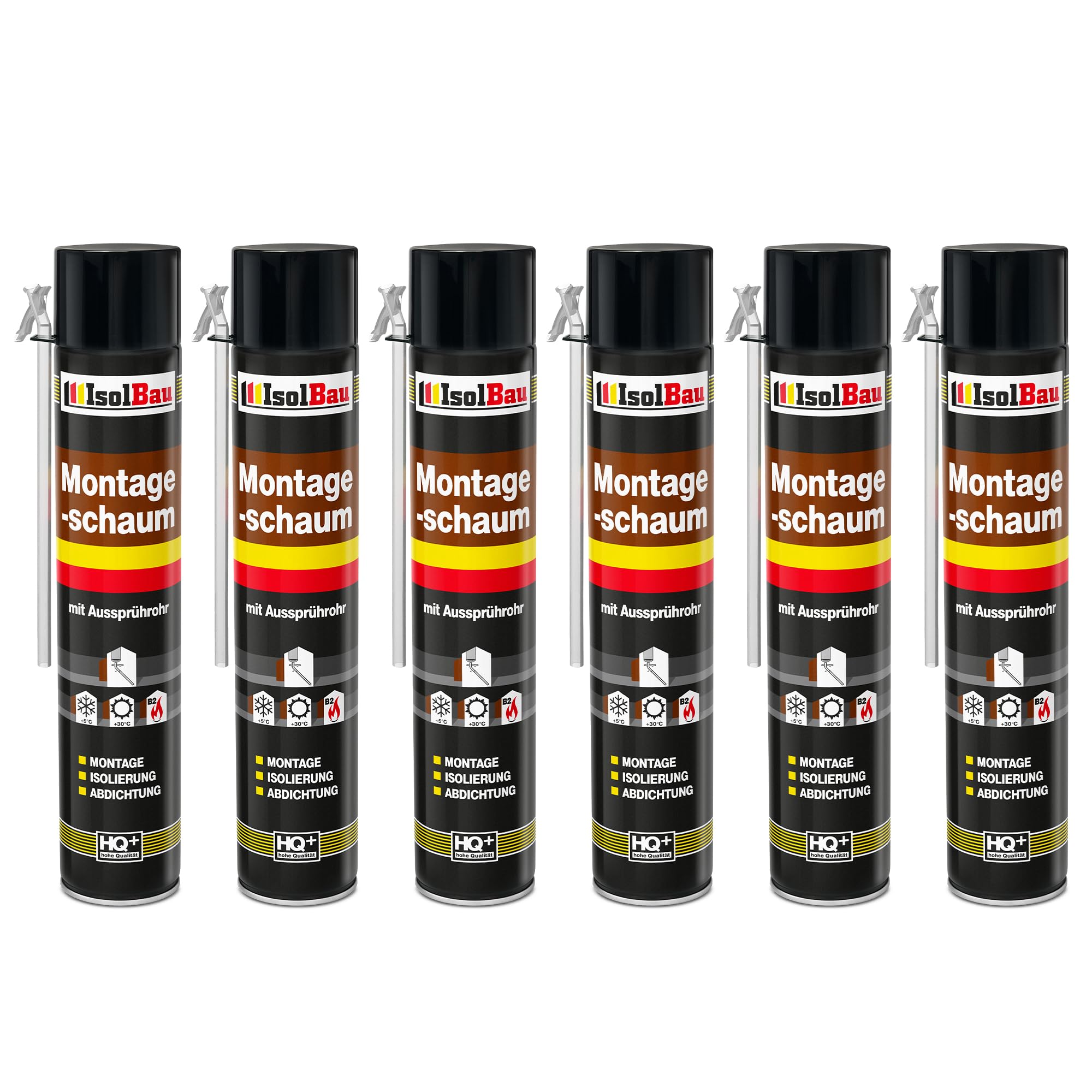 Isolbau Bauschaum B2 Montageschaum mit Aussprührohr - PU-Pistolenschaum Adapterschaum für Montage, Isolierung, Abdichtung, Innen & Außen - 6 x 750 ml
