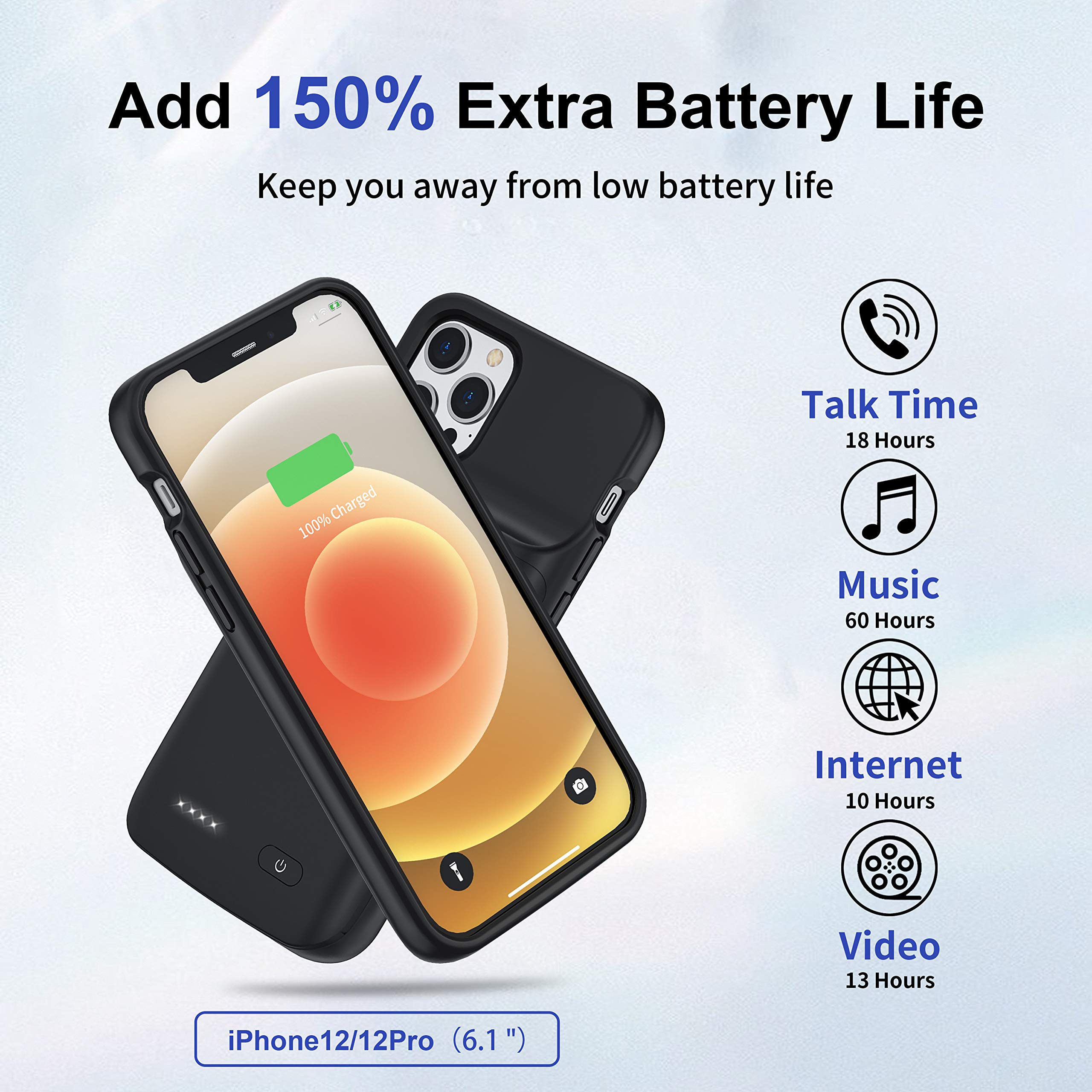 Funda de batería para iPhone 12/12Pro, Funda de carga portátil de respaldo de 7000mAh, cargador de batería de extensión recargable para iPhone 12/12 Pro Negro