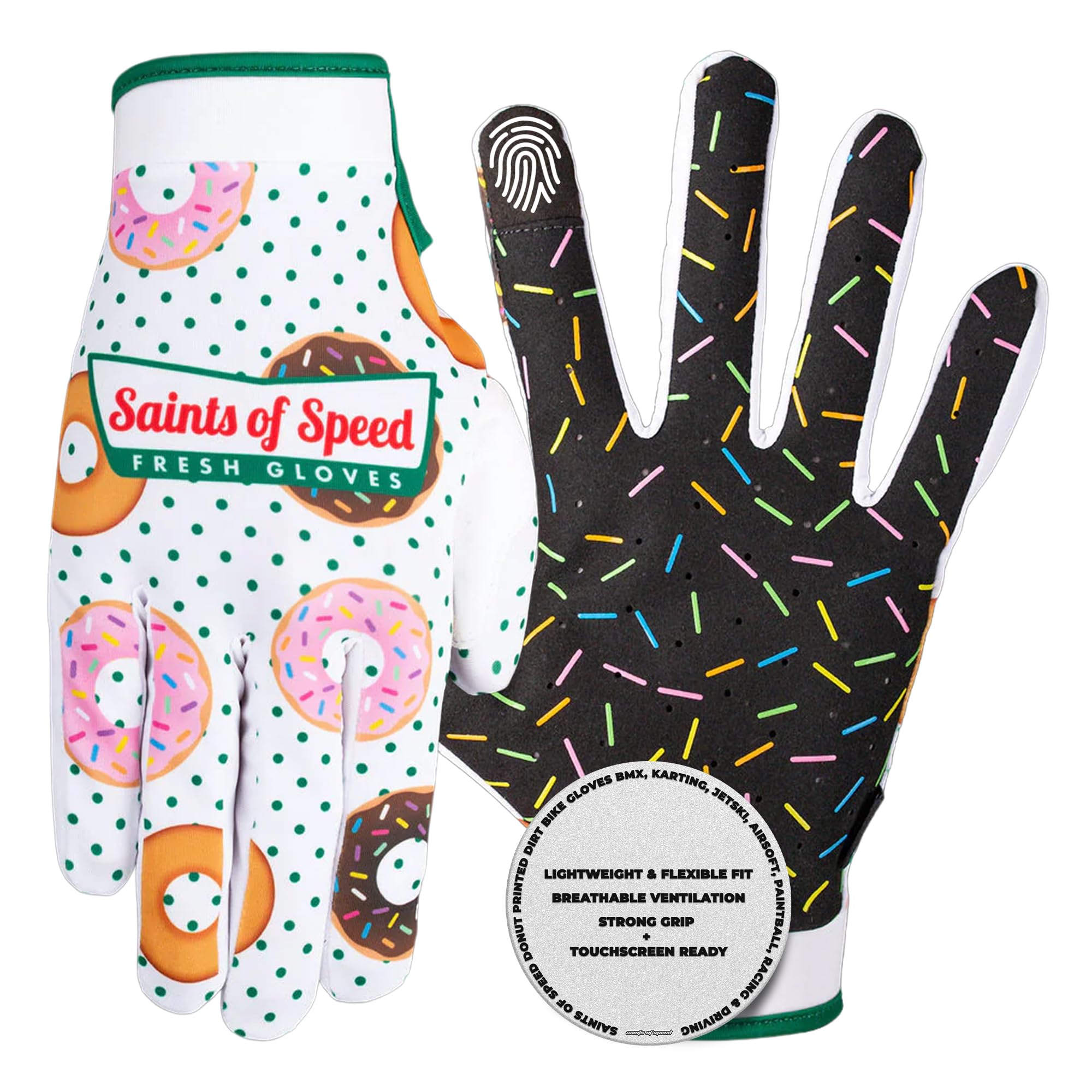 Saints of Speed Donut Printed Dirt Bike Gloves Touchscreen Bike Gloves for Motocross Mountain Biking BMX Karting Jetski