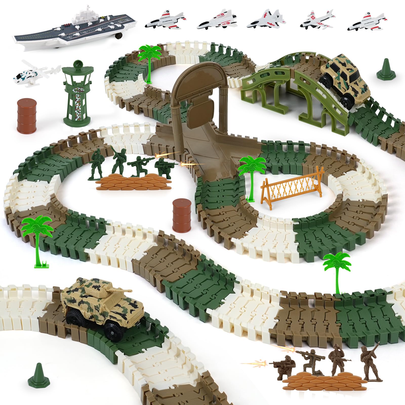 Military Race Car Track Set, 240+ PCS Army Track Toy for Kids Ages 3-7