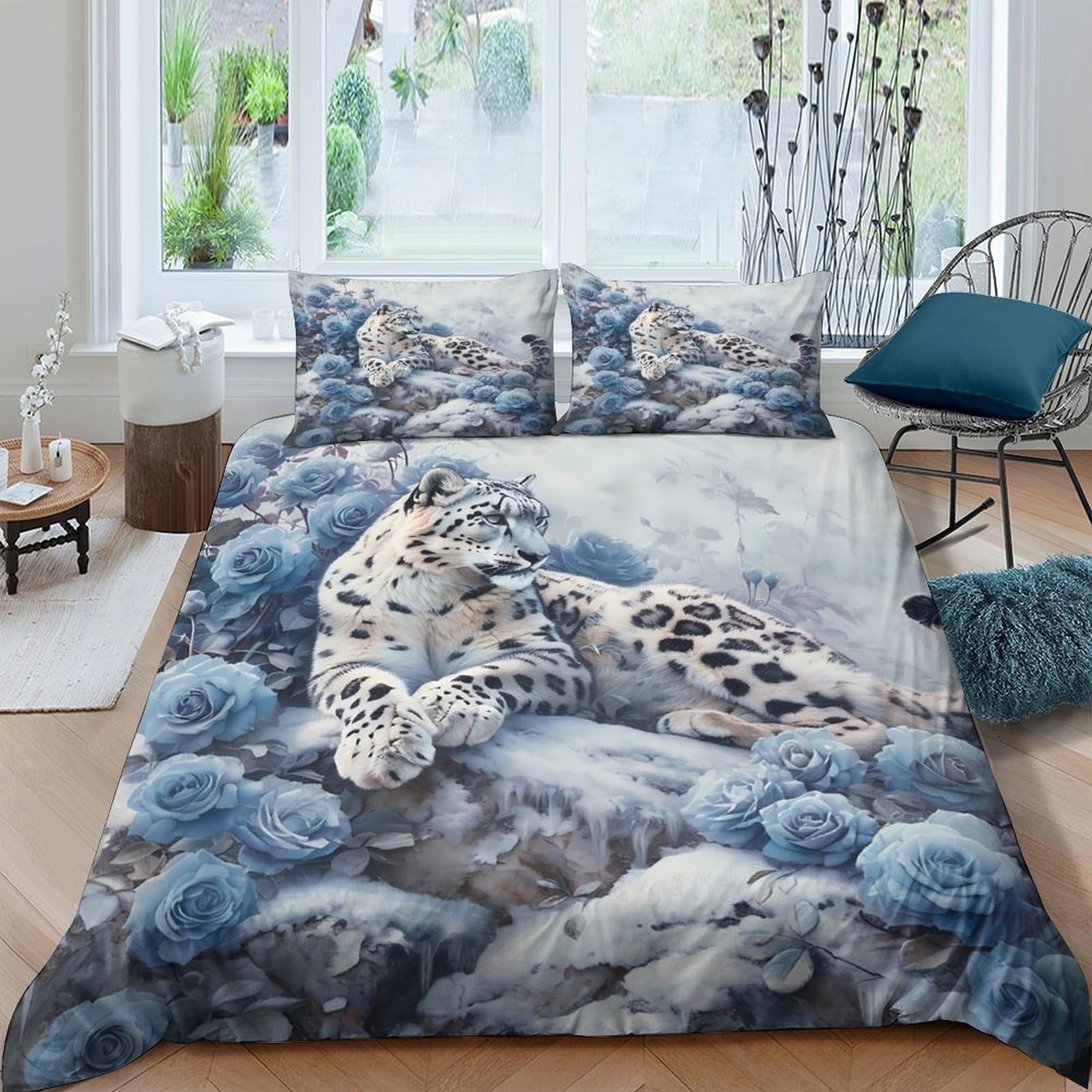 Ctjqhvkz Style-6 3D Printed Snow Leopard Fitted Sheet Microfiber Soft Blue Forest Bed Cover For Bedroom Dorm Mattress Protection Decor Single（135X200cm）