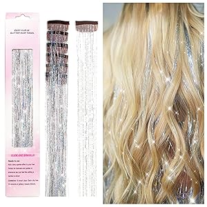 Clip in Hair Tinsel, POROLIR 6Pcs Glitter Fairy Tinsel Hair Extensions 20 Inch Shiny Hair Tinsel Heat Resistant, Sparkly Strands Hair Accessories, Festival Gift for Women Girls Kids (Silver)