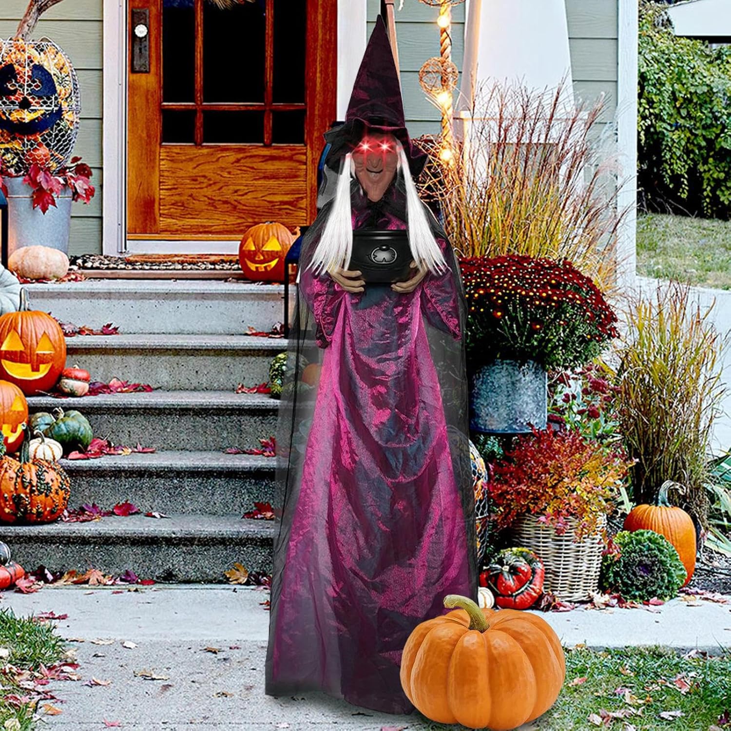 ウィッチ ハロウィン 装飾 | 光る 叫ぶ目 魔女 装飾,180cm 大釜持つ フィギュア 庭木 門 天井 壁 ポーチ 用
