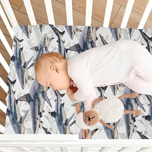Miniatura 8 de Sábana bajera ajustable para cuna para niños y niñas, sábana de punto vintage de tiburones para colchones estándar de cuna y cama de niños pequeños,