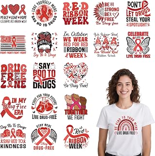 Dtf Transfers Ready to Press - 20Pcs Red Ribbon Week Iron on Transfers for Tshirts, Drug Free Iron on Decals Patches, Anti Drug Awareness Heat Sublimation Stickers for DIY Clothes Bags