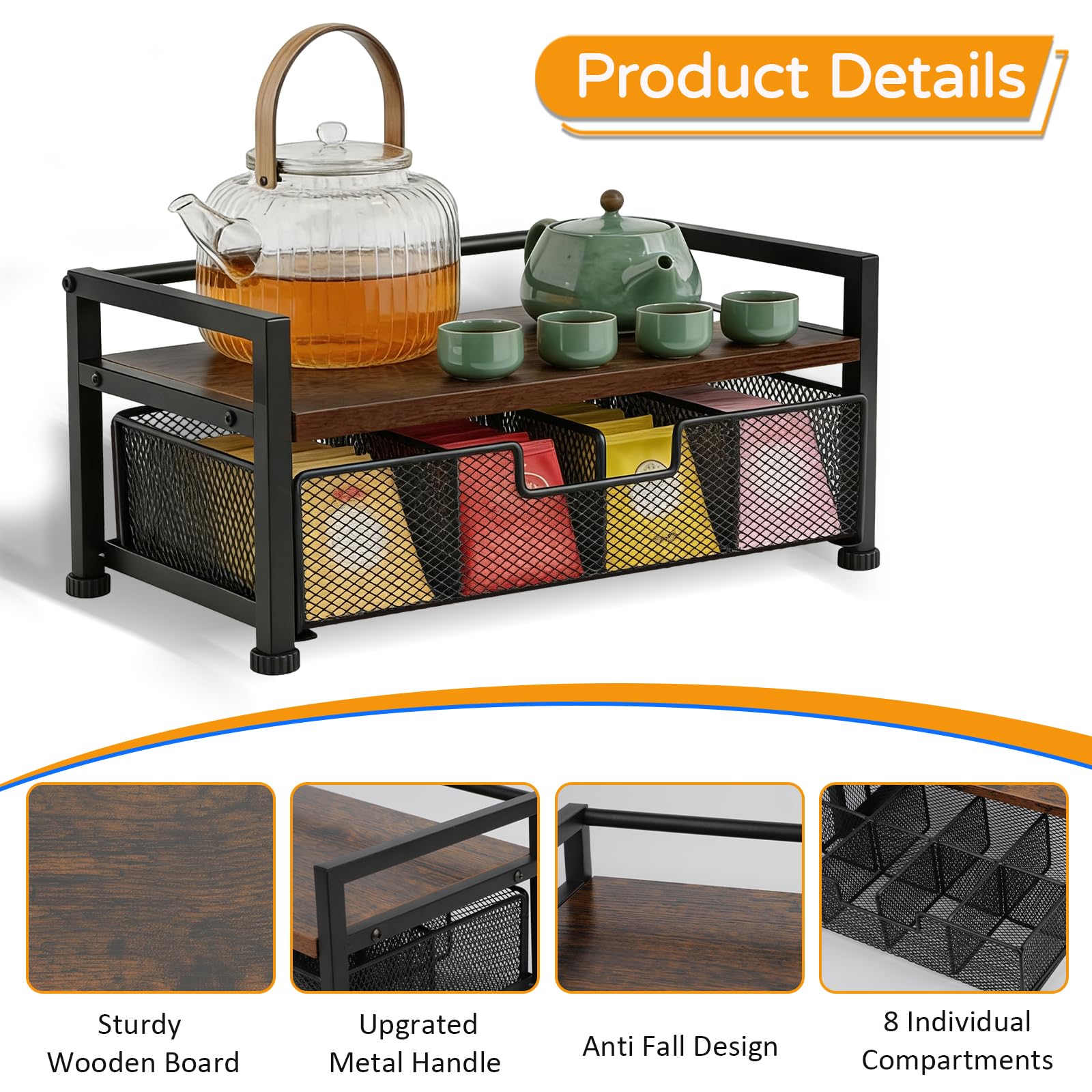 Cajón Porta Bolsitas de Té, Caja Infusiones de Madera con Cajón Metal, 33x20x15.8cm Organizador de Estación de Café y Té con 8 Compartimentos para Hogar, Oficina, Cocina