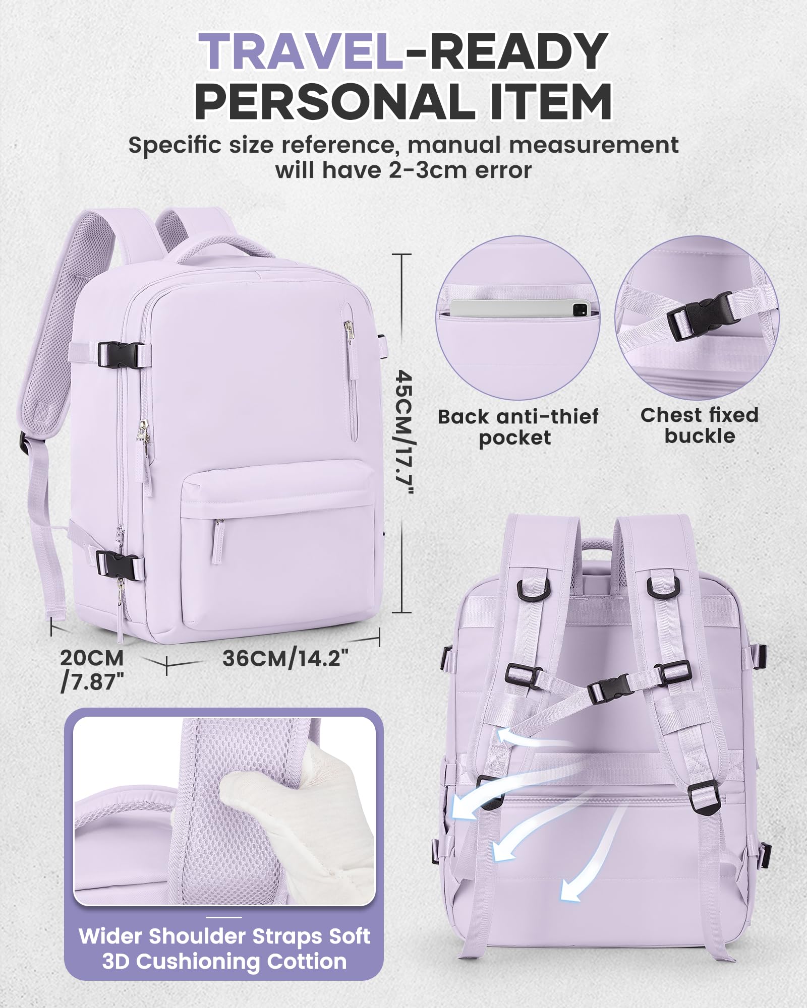 BJLFS Borse da Cabina per Ryanair 40×20×25 Bagaglio a Mano Easyjet 45×36×20 Borsa Zaino da Viaggio, Zaino da trekking,Zaino Casual per laptop da 14 pollici per scuola