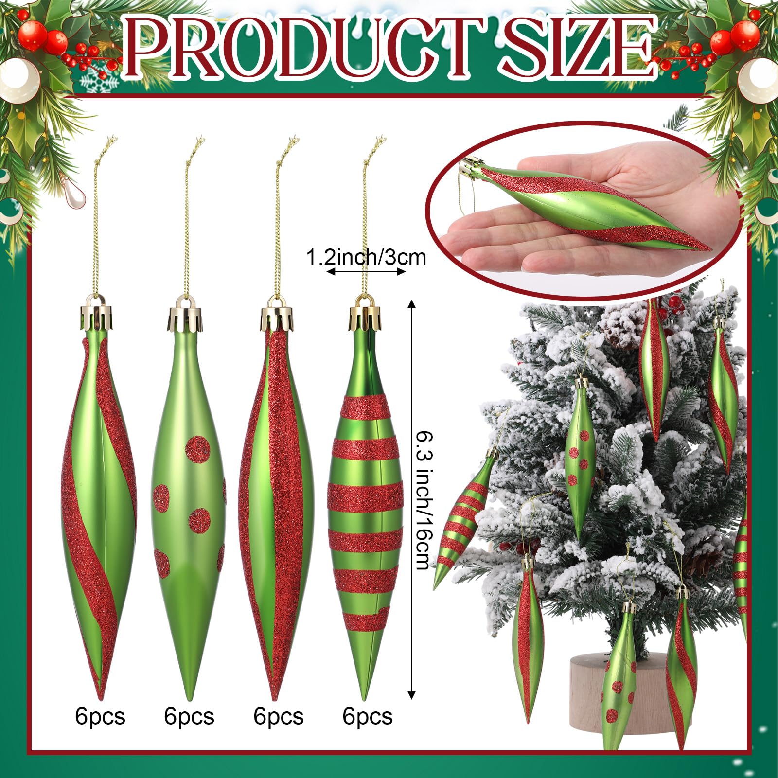 Sumind 24 Piezas Adornos de Gota Navideña Bolas para Árbol de Navidad, 16 x 3 cm, Colgantes de Plástico Brillantes de Menta para Decorar el Árbol de Navidad(Lindo,Rojo, Verde, Brillante)