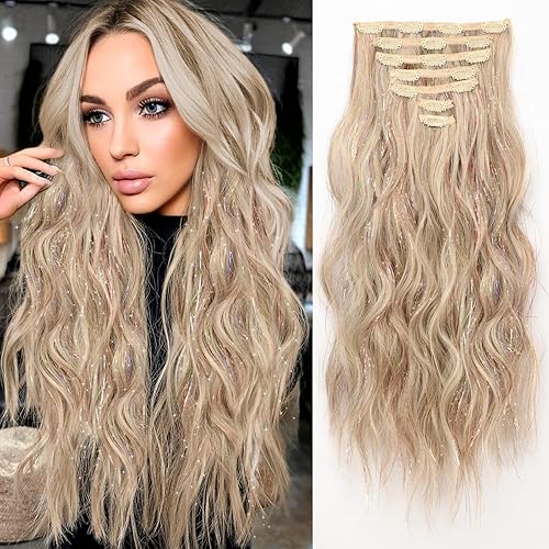Extensiones de cabello de oropel con clip, extensiones de cabello de oropel de mezcla de colores rubios, 7 extensiones de cabello con clips,