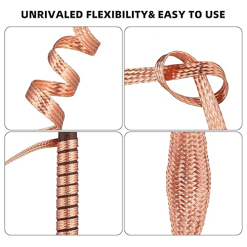 Miniatura 7 de Cable trenzado de cobre plano de 10 pies, correa de tierra de cobre trenzada de 12 pulgada, malla de alambre de blindaje espiral flexible desnudo de