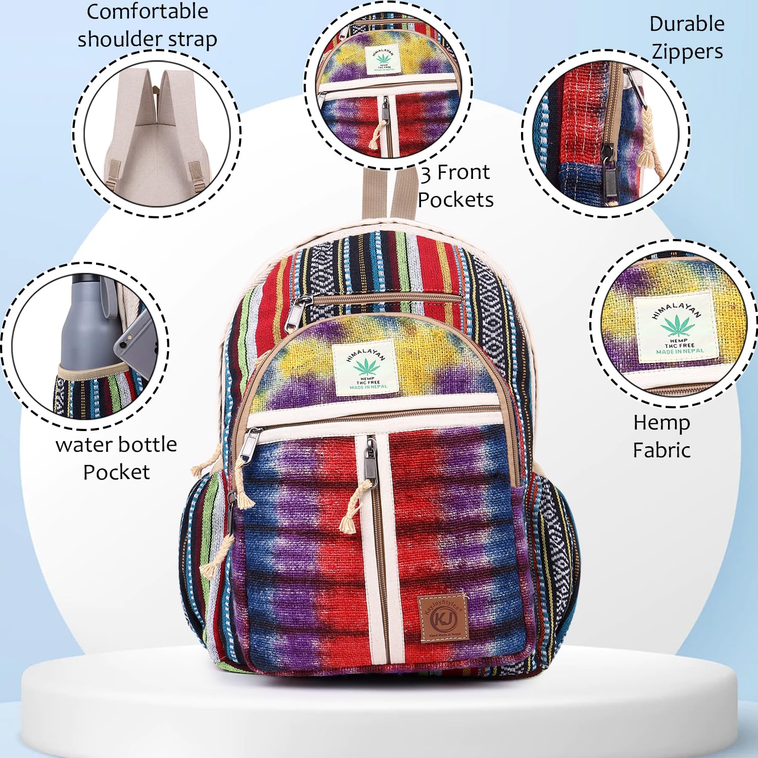 Mochila con múltiples bolsillos, hecha a mano, cáñamo del Himalaya, bohemio, viajes, senderismo, bolso, Bkpk-5, Large, Bohemia