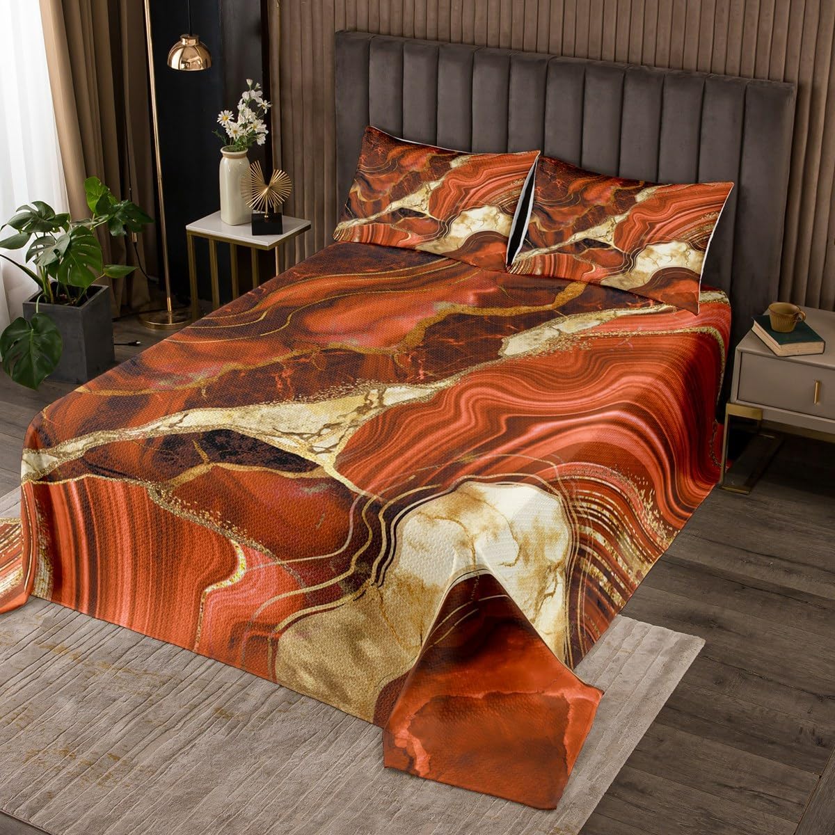 Erosebridal オレンジ大理石キルトセット クイーン、ゴールドクラックベッドスプレッドセット、ガールズレディース、抽象的なメ